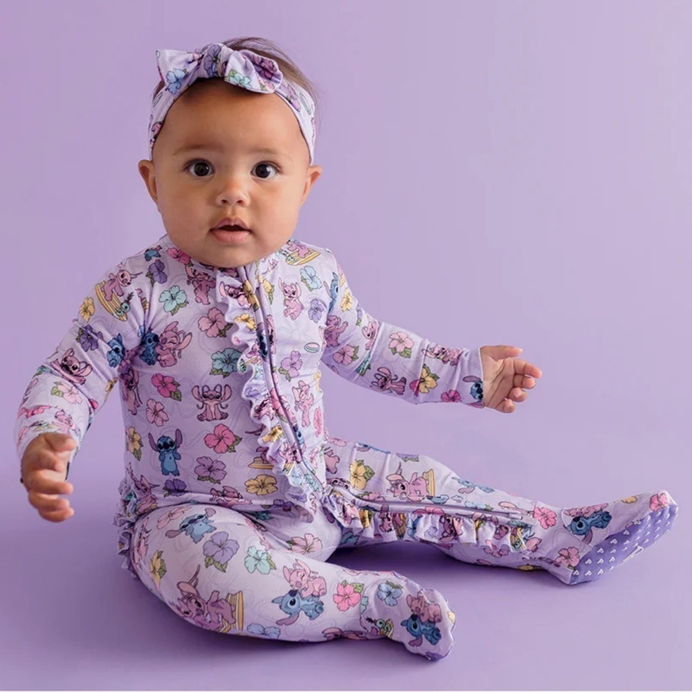 Posh Peanut Disney 0-3 months Purple Stitch Floral Ruffle Zip Up Footie Bamboo